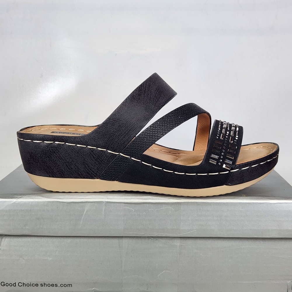 Good Choice Tera Sandals Women Size 6 Black Embellished Wedge Slide Shoes